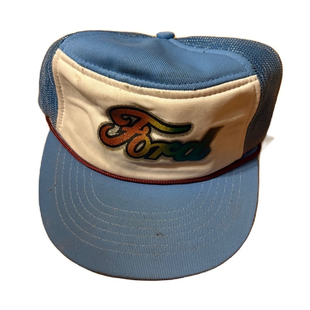 Ford Blue White Trucker Hat Glitter Vintage SnapBack Mesh